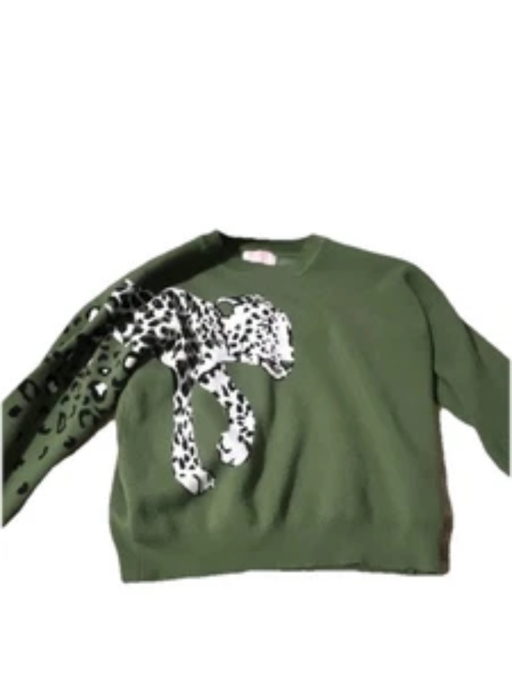 Olive Green Crewneck Sweatshirt with Leopard Detail